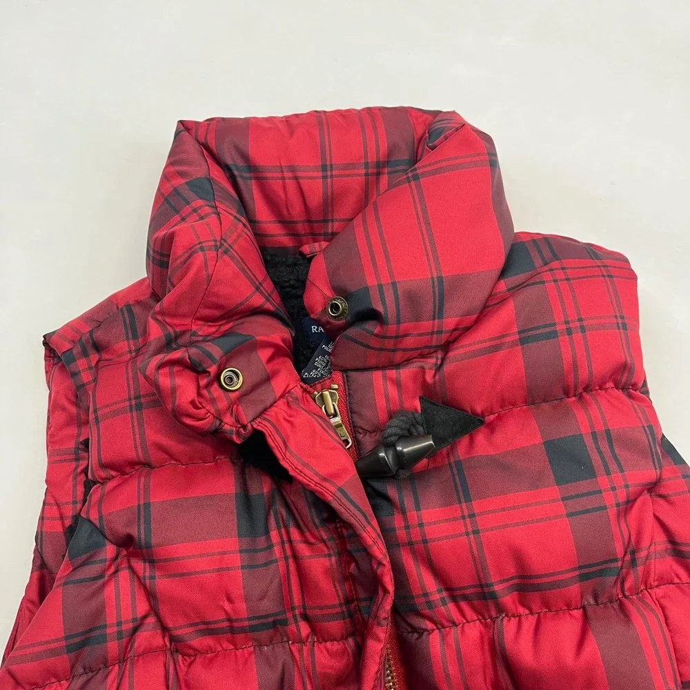 Ralph Lauren Puffer Vest Kids Red Plaid Toggle Crest Preppy 6X Sleeveless Jacket